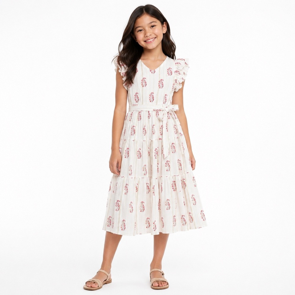 A Loves A Girls L Ivory Floral Metallic Maxi Dress Ruffle Boho Cottagecore